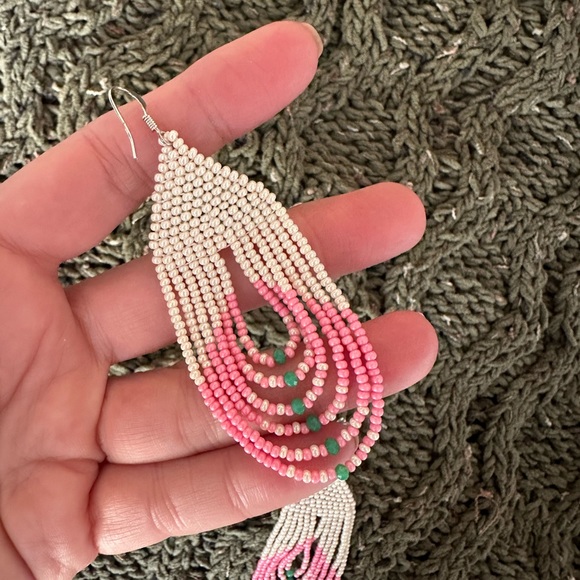 Boho Beaded Earrings pink, white and green - Picture 4 of 5